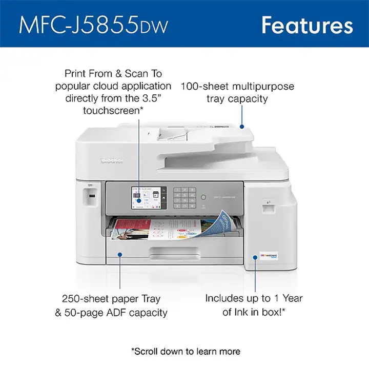 brother inkvestment mfc j5855dw wireless color all in one supertank inkjet printer, best for office brother inkvestment mfc j5855dw wireless color all in one supertank inkjet printer, best for office