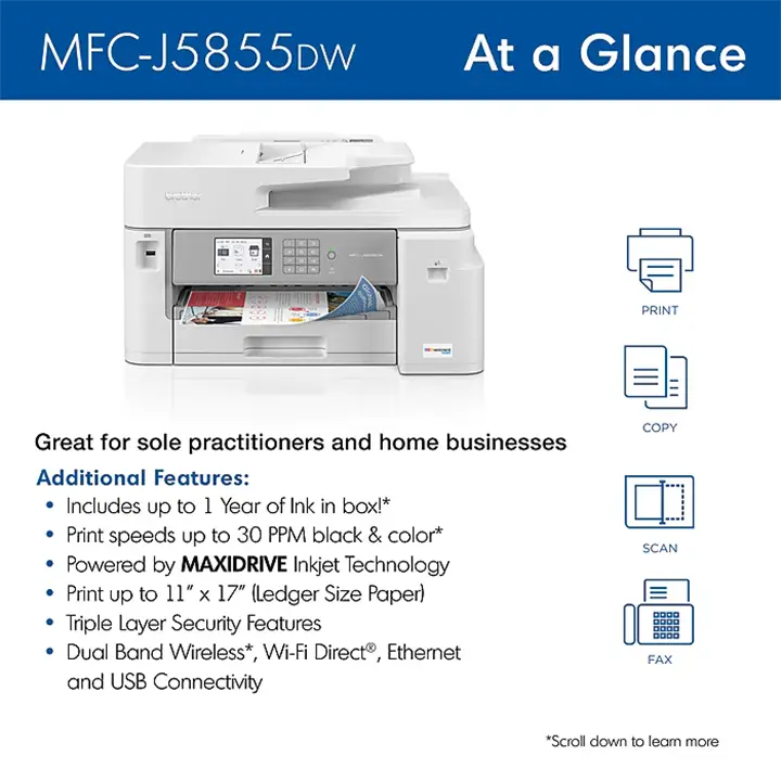 brother inkvestment mfc j5855dw wireless color all in one supertank inkjet printer, best for office brother inkvestment mfc j5855dw wireless color all in one supertank inkjet printer, best for office
