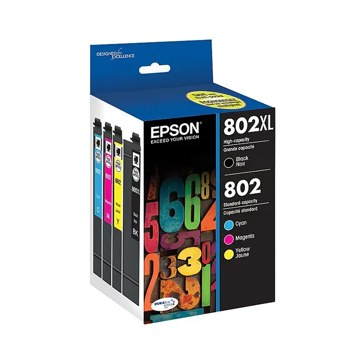 epson t802xl/t802 black high yield and cyan/magenta/yellow standard yield ink cartridge, 4/pack (t802xl bcs) epson t802xl/t802 black high yield and cyan/magenta/yellow standard yield ink cartridge, 4/pack (t802xl bcs)
